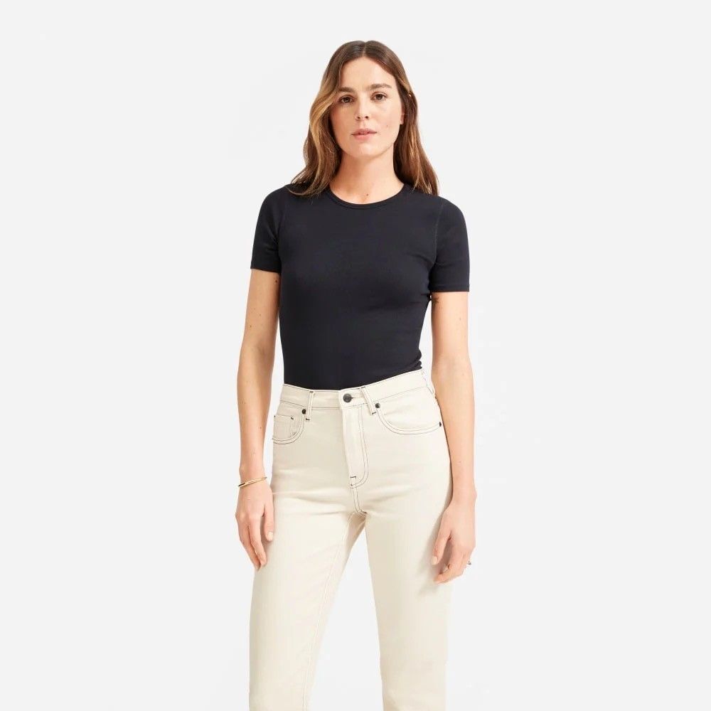 EVERLANE The Pima Micro-Rib Crew Tee M Black Ribbed Knit Slim Fit NWT B39